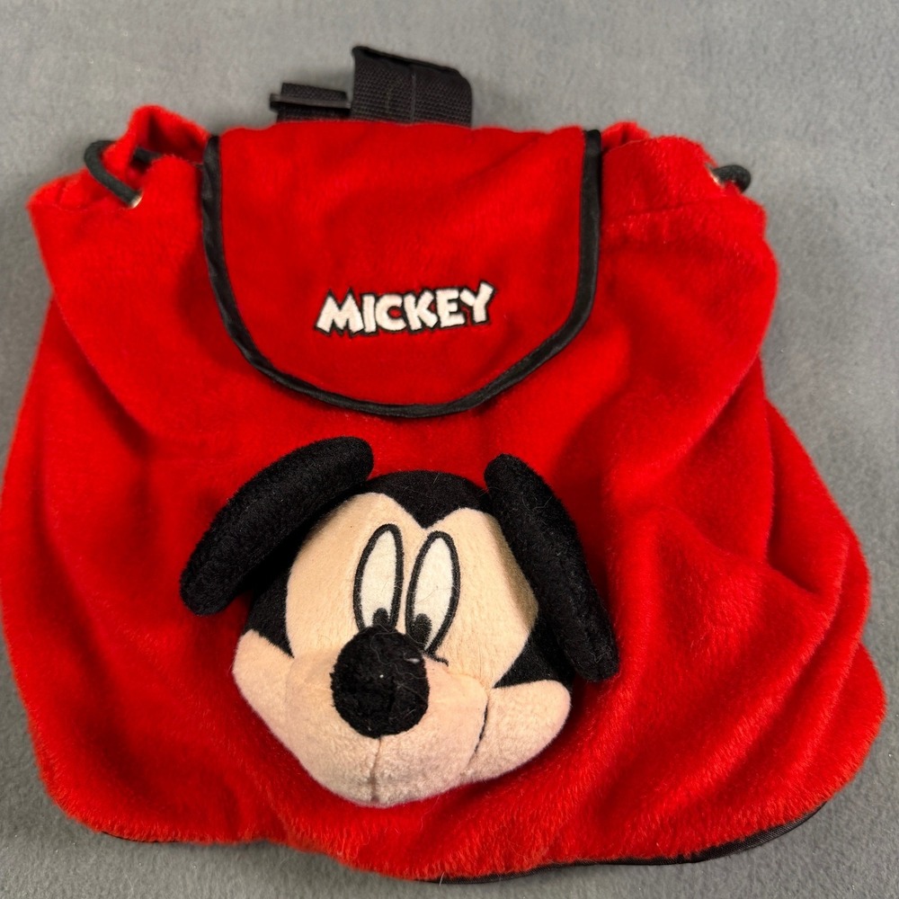 Vintage Disney Mickey Mouse Red Fleece Plush Backpack Drawstring Bag Theme Park